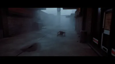 Empty foggy Townfall street with a single figure in the distance