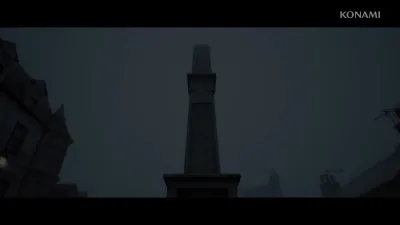 Trailer still of a dark stone monument standing in thick fog