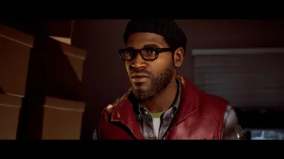 Townfall protagonist in glasses talking to another character indoors