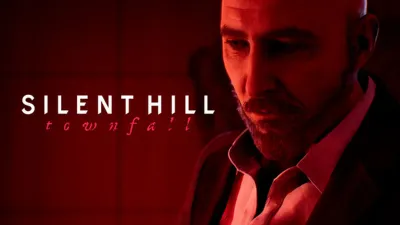 Official Townfall key art with a man lit in red and the game logo